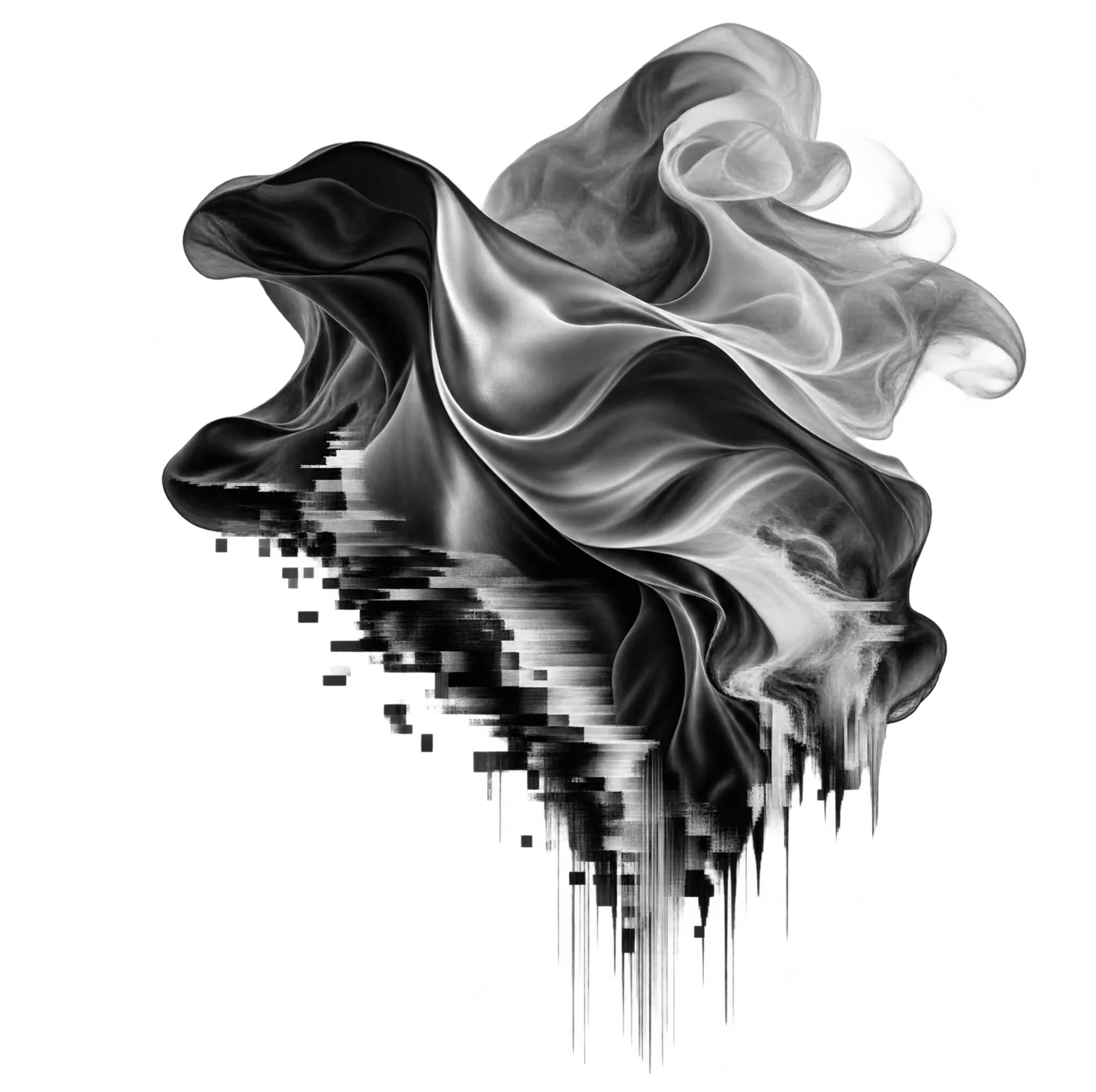 A folded sheet of silk dissolving into pixel fragments.